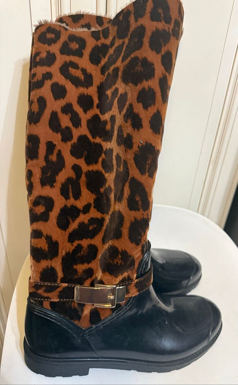 Bamboo Women's Leopard Print Mid-Calf Faux Fur Rain Boots Brown Black Size 8.5